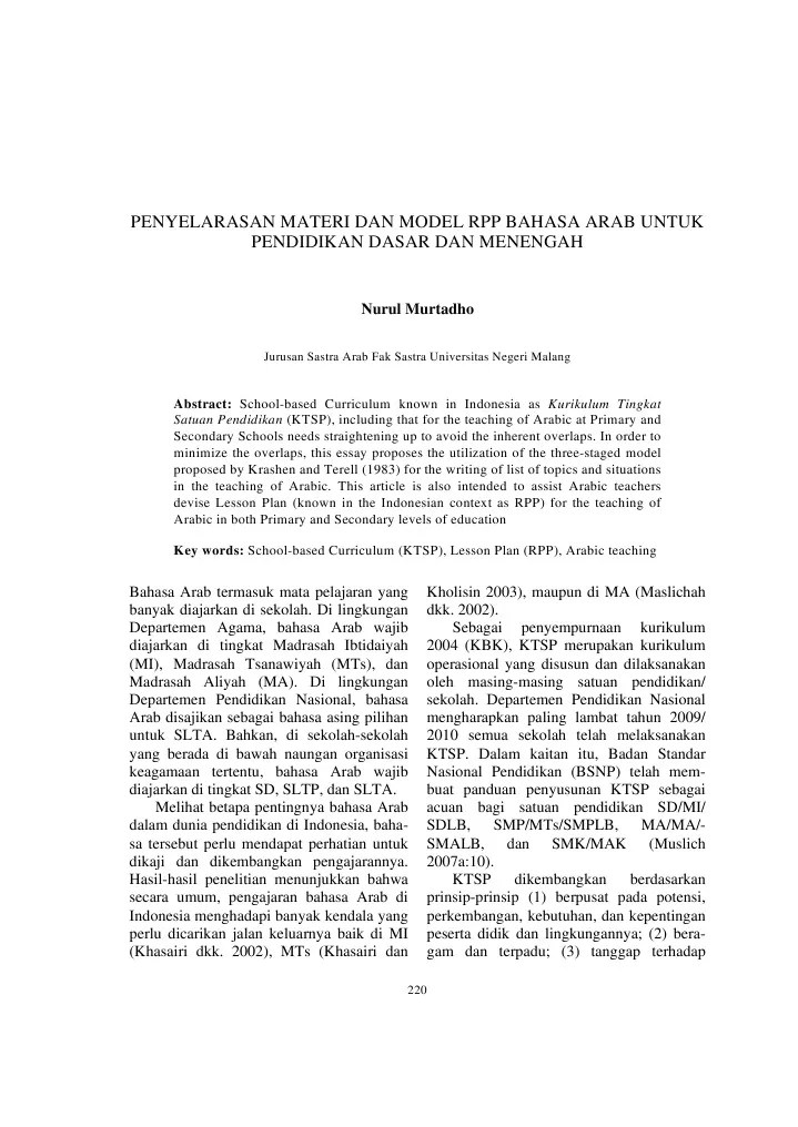 Penyelarasan Materi Dan Model RPP Bahasa Arab Untuk Pendidikan Dasar