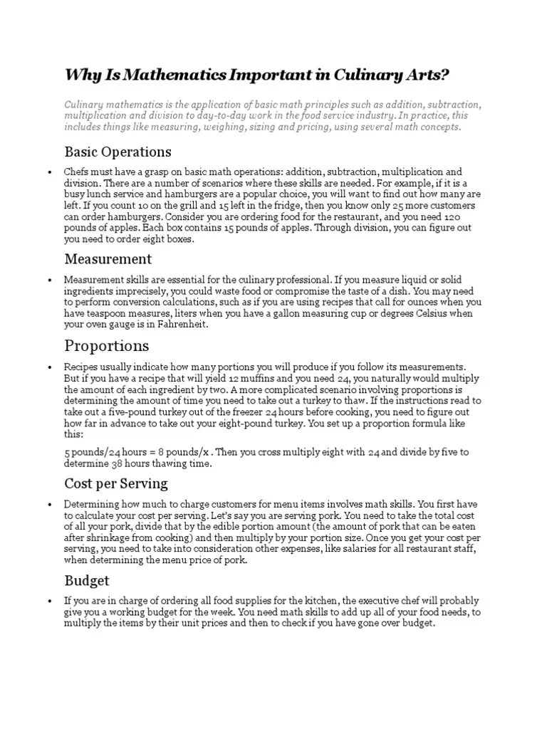 Why Is Mathematics Important in Culinary Arts PDF Percentage Menu