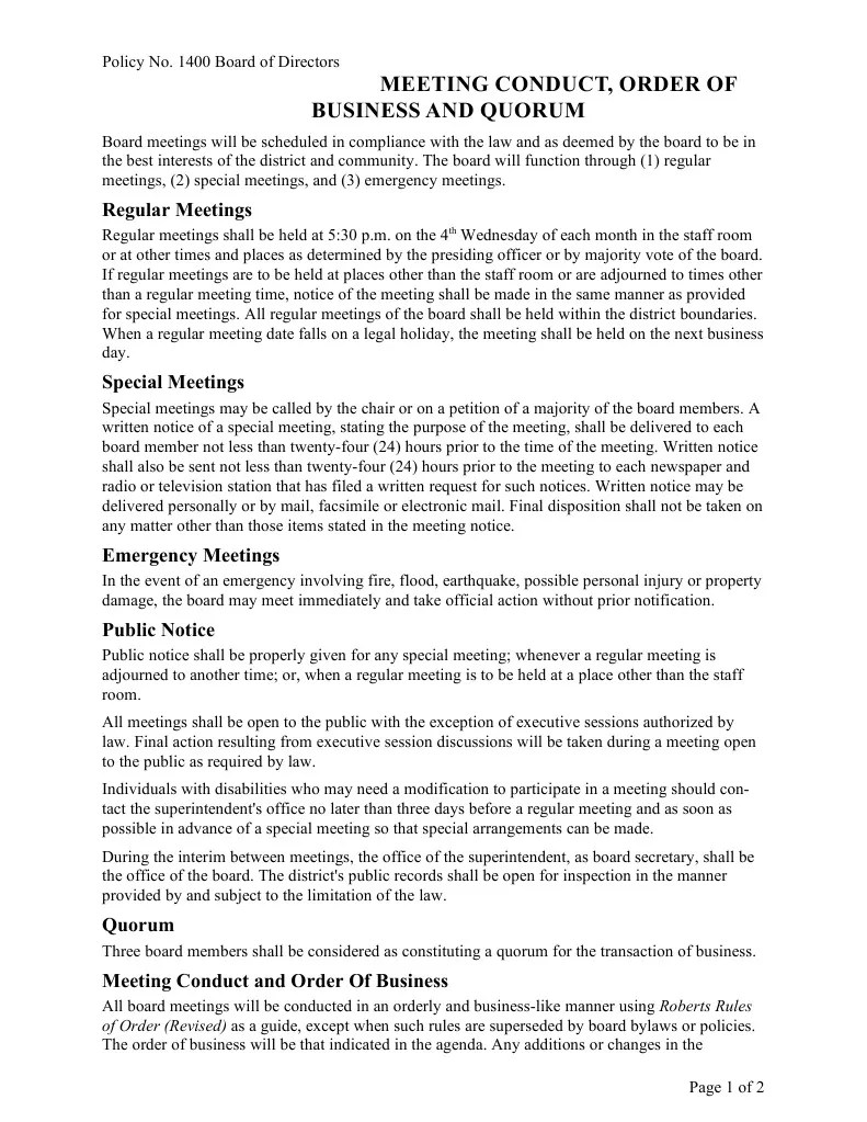 N 1400 Meeting Conduct, Order of Business and Quorum PDF Quorum