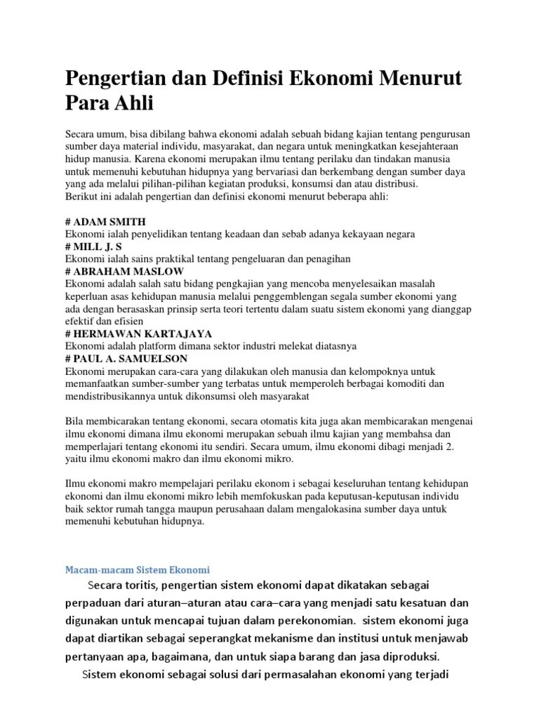 Pengertian Dan Definisi Ekonomi Menurut para Ahli | PDF