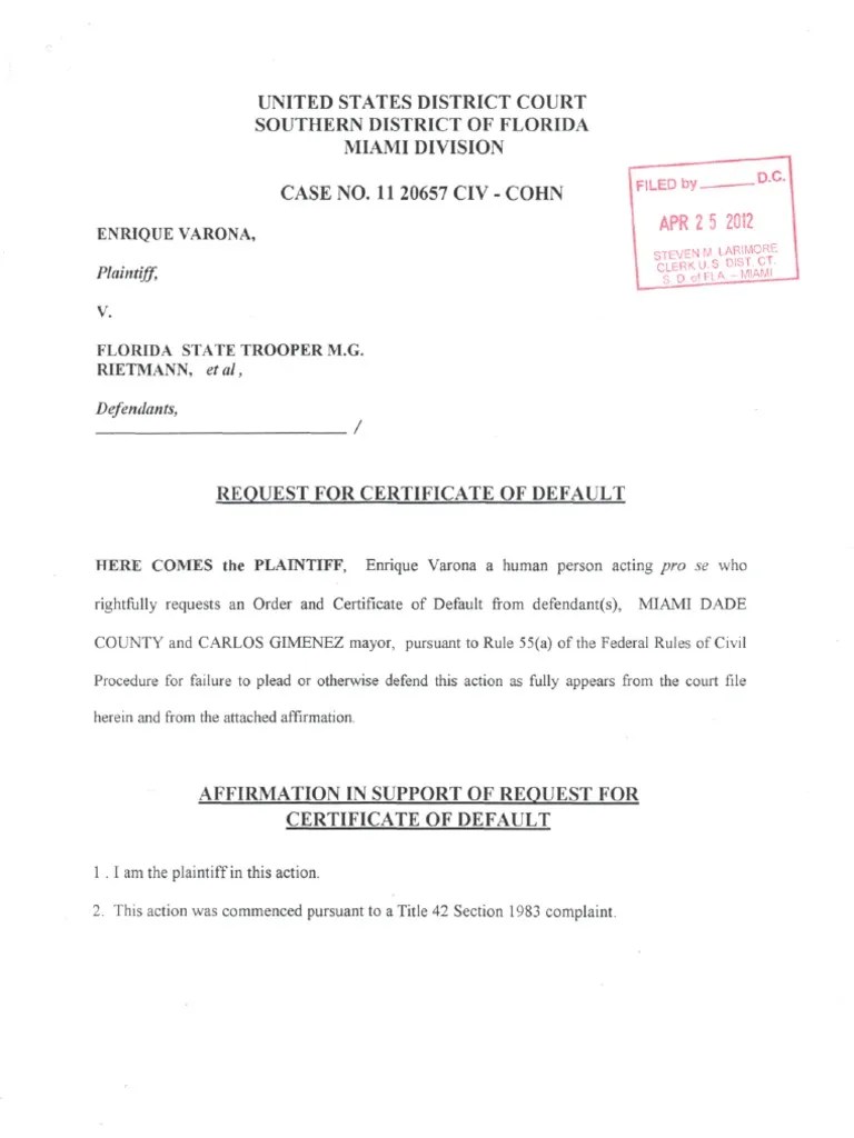 Enrique Varona vs. STATE OF FLORIDA (Plaintiff Motion of Default