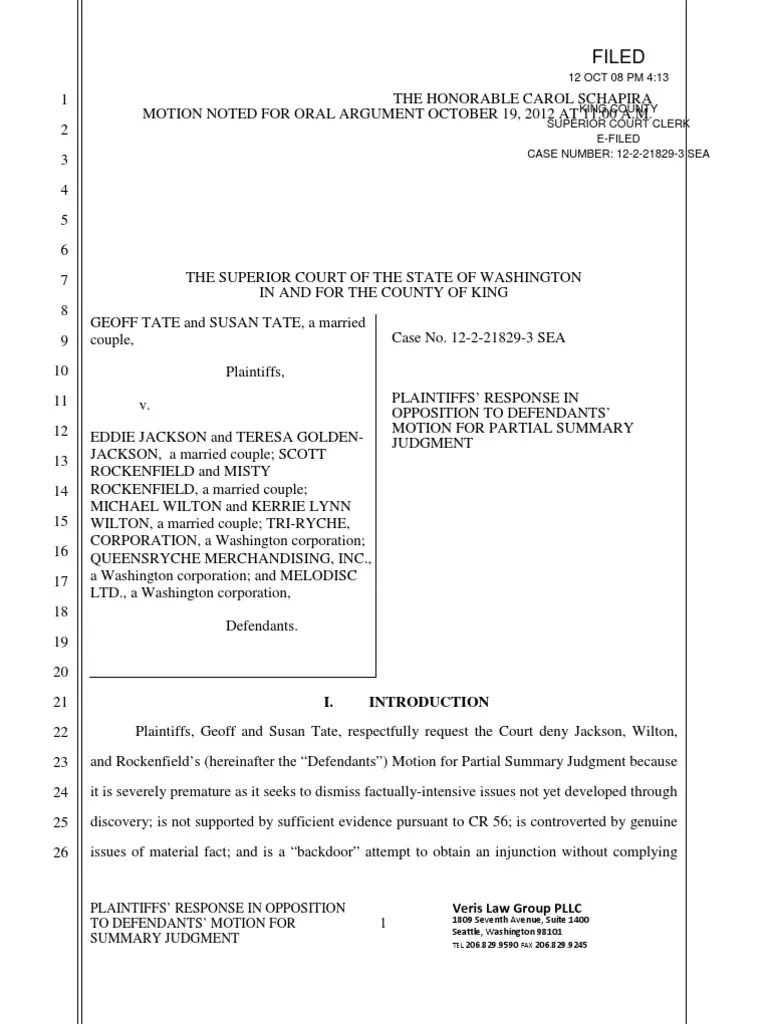 Geoff Tate Response in Opposition To Motion For Partial Summary
