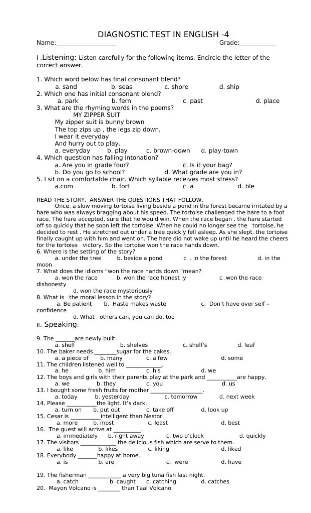 Diagnostic Test in English Linguistics Languages