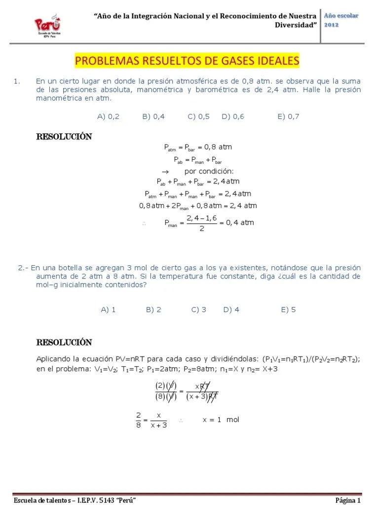 Problemas Resueltos de Gases Ideales Mole (Unidad) Gases