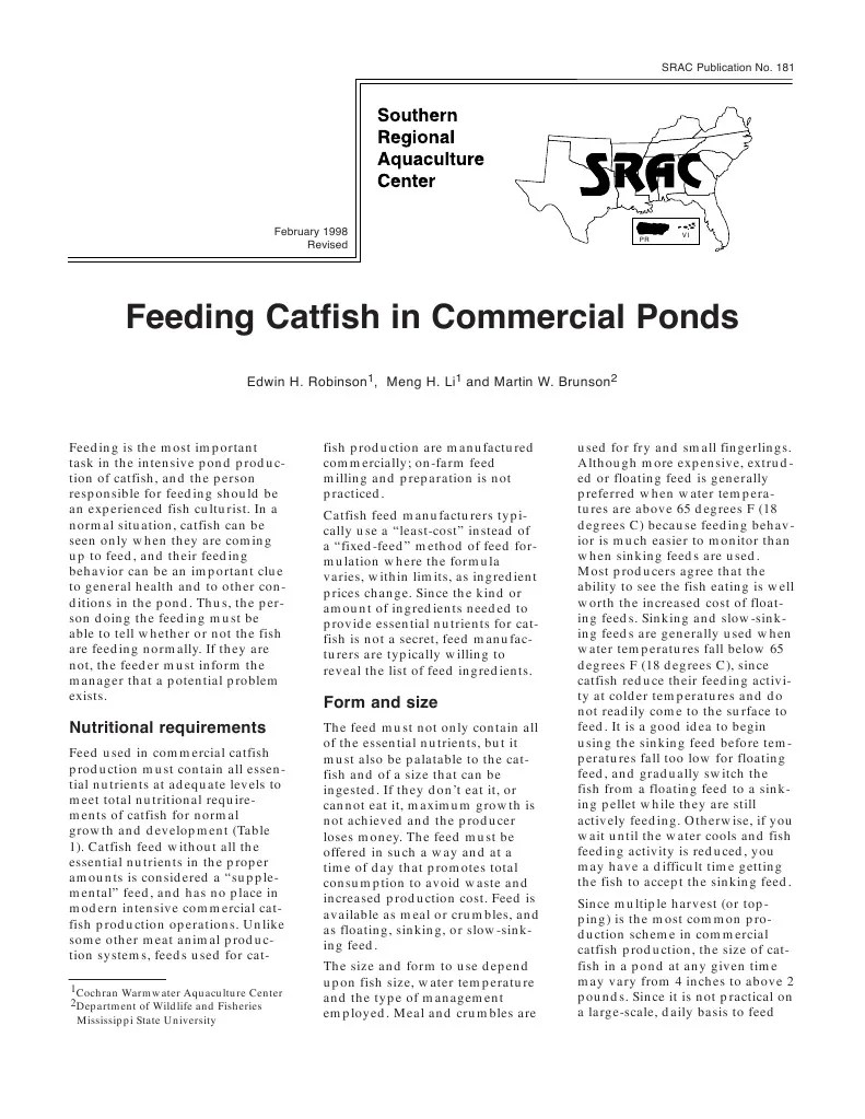 Feeding Catfish in Commercial Ponds Nutritional Requirements Form and Size PDF Fish Water