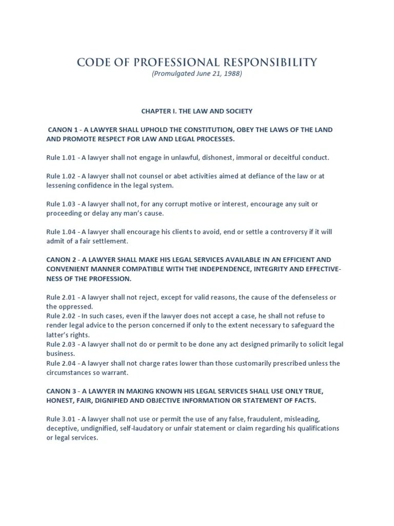 Code of Professional Responsibility PDF Practice Of Law Lawyer