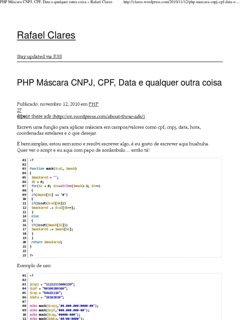 PHP Máscara CNPJ, CPF, Data e qualquer outra coisa « Rafael Clares