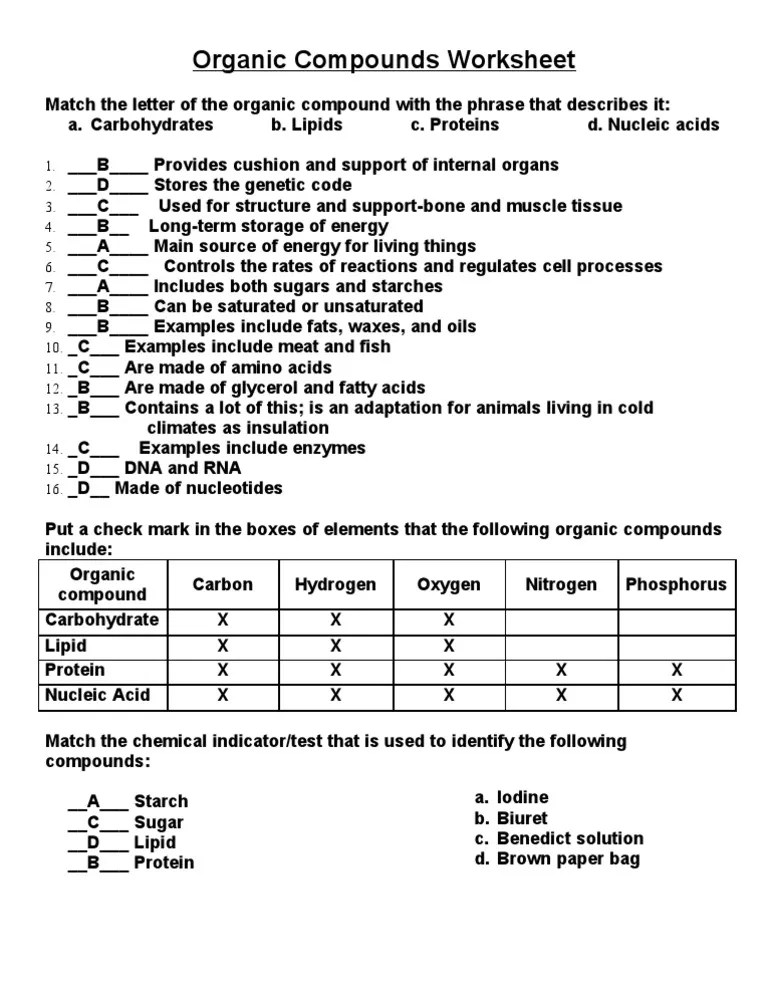 Organic Compounds Worksheet