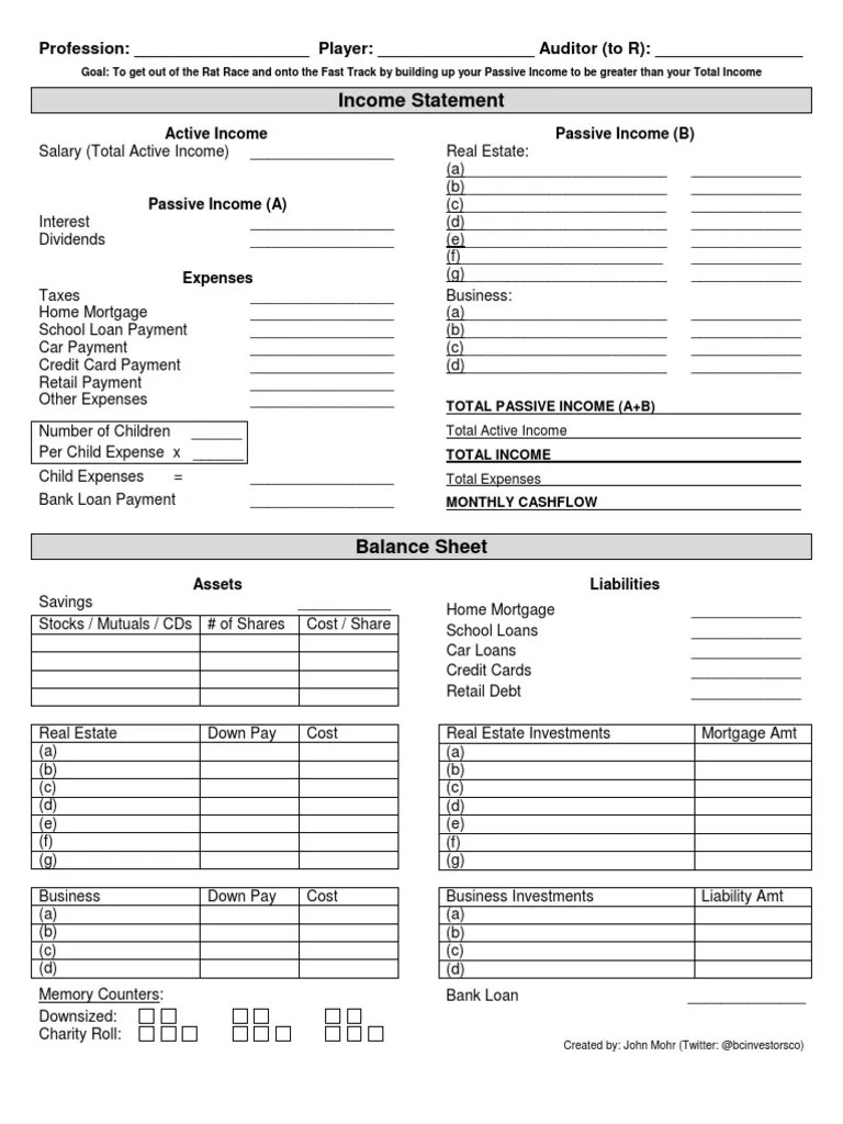 Cashflow 101 Game Sheets