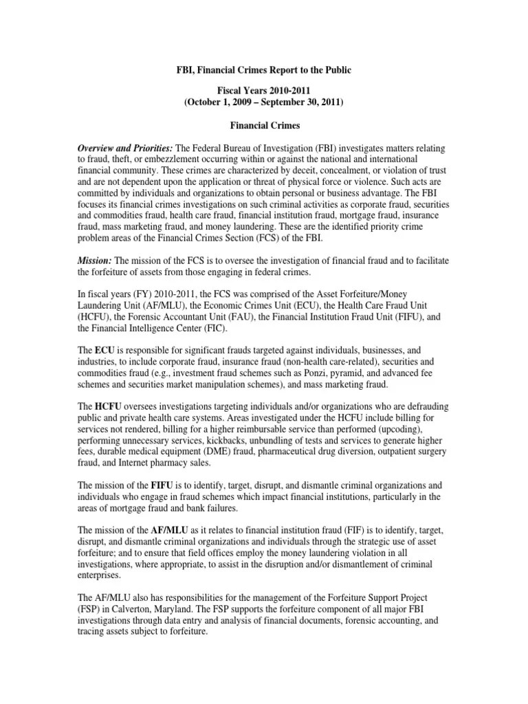 FBI Financial Crimes Report to the Public 20102011 Securities