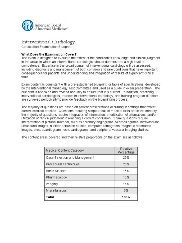 Interventional Cardiology Certification Examination Blueprint American
