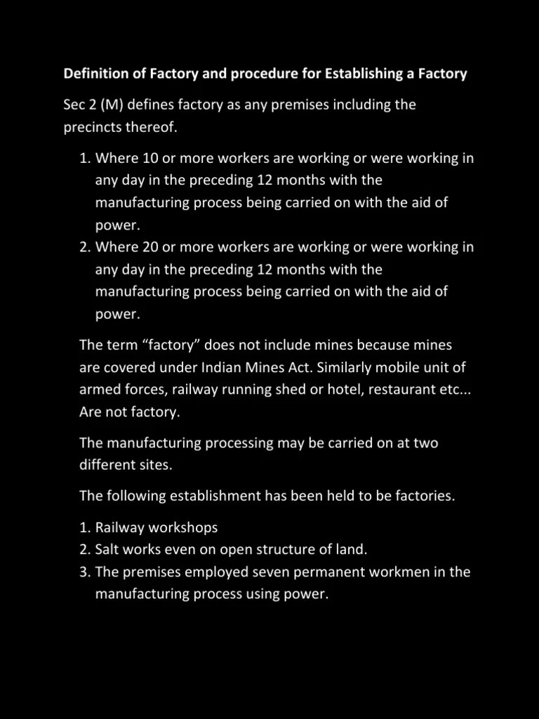 Definition of Factory and Procedure for Establishing a Factory Human