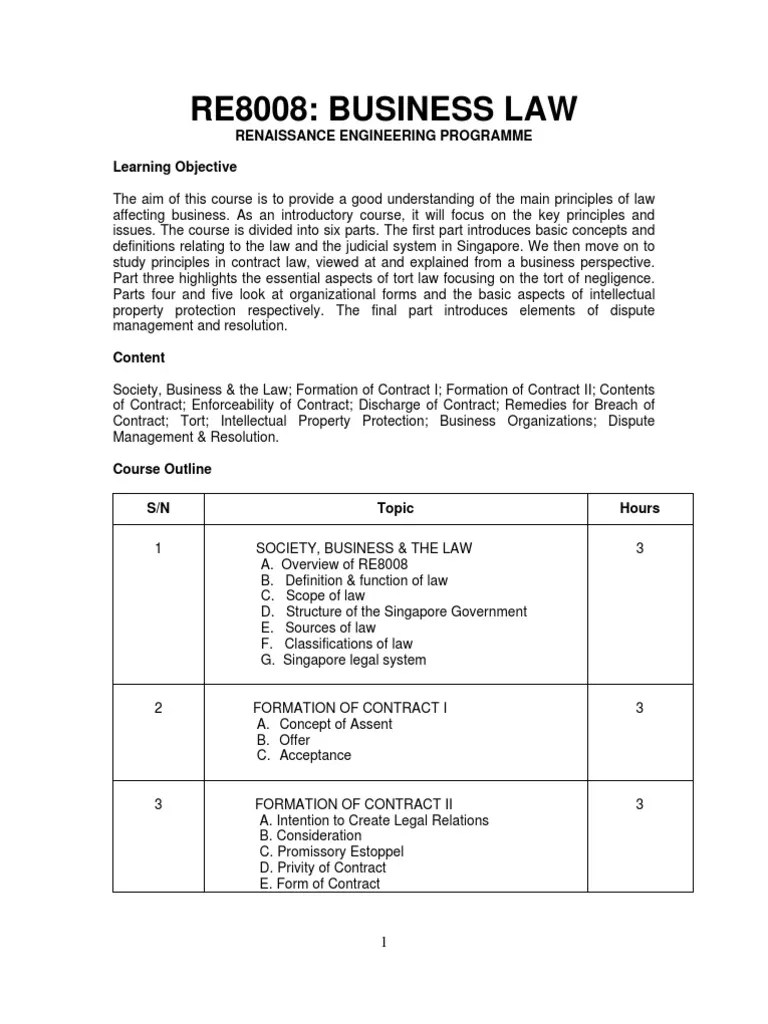 RE8008 Business Law Course Outline Tort Common Law