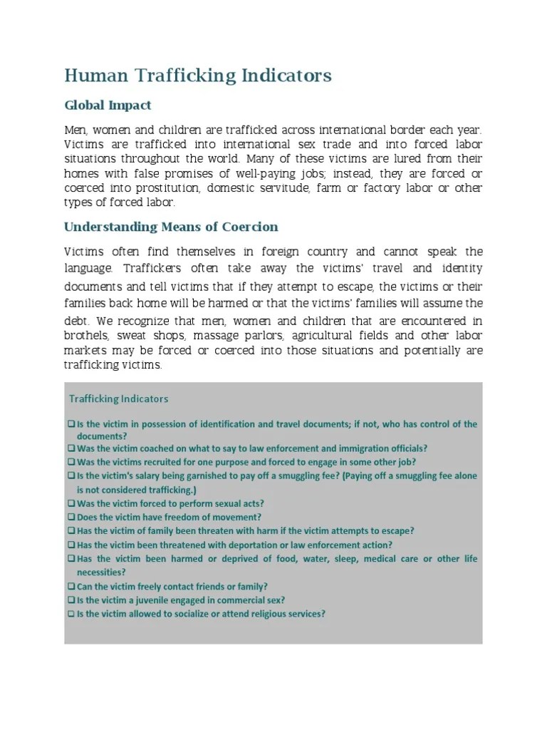 Human Trafficking Indicators Human Trafficking Smuggling