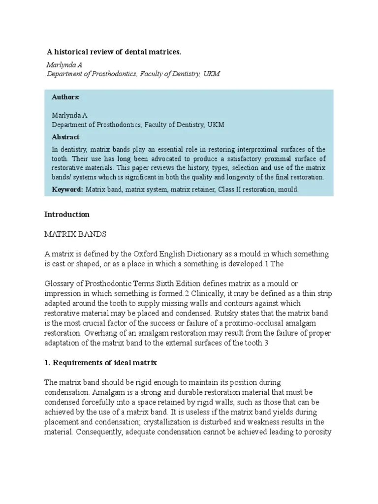 A Historical Review of Dental Matrices From MDJ PDF Matrix