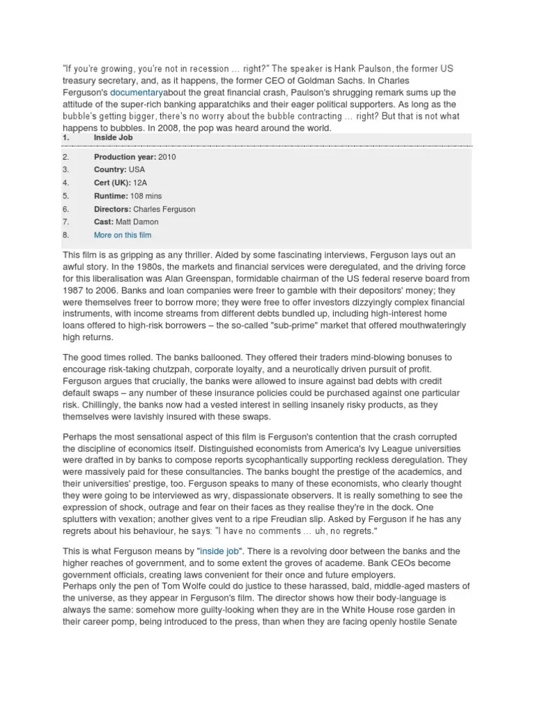 Inside Job Movie Review Banking Money Free 30day Trial Scribd