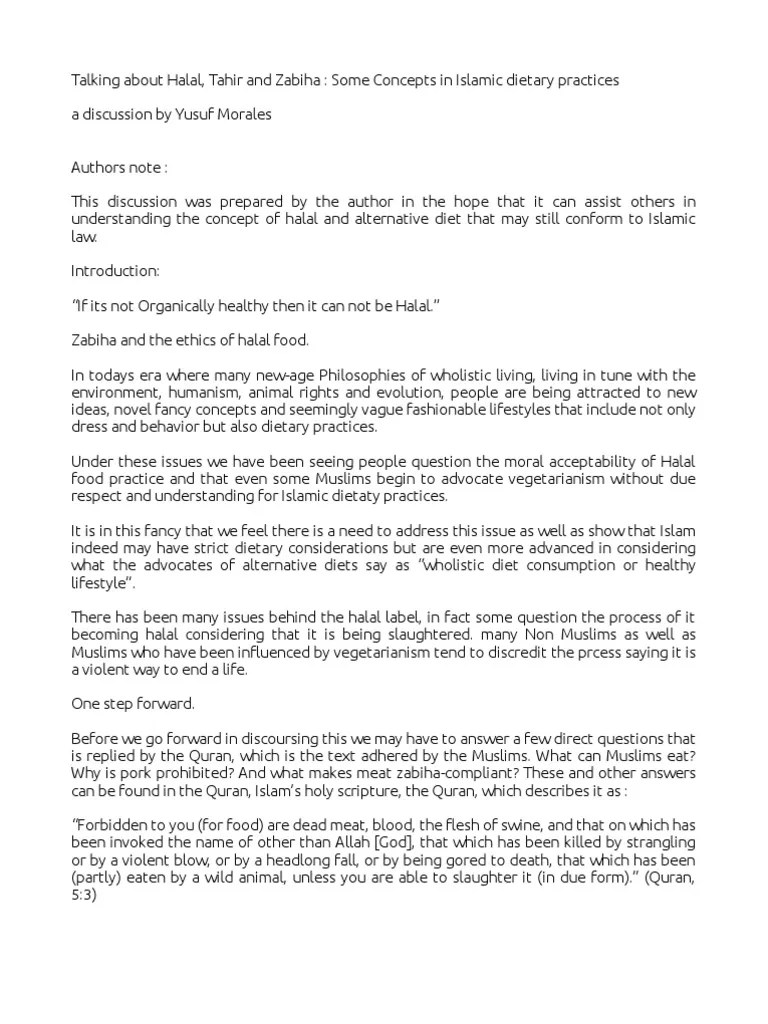 Talking About Halal, Tahir and Zabiha Concepts in Islamic Dietary