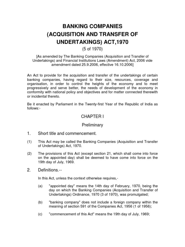 Banking Companies (Acquisition and Transfer of Undertakings) Act, 1970