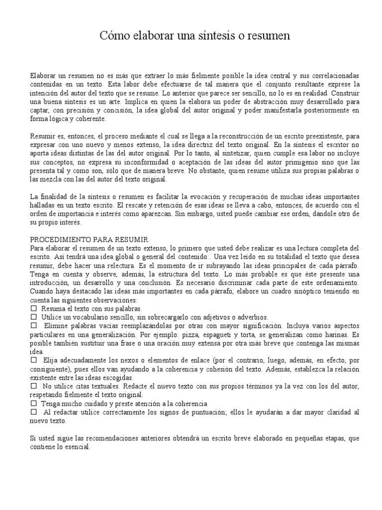 Cómo elaborar una síntesis o resumen Lectura (proceso) Autor