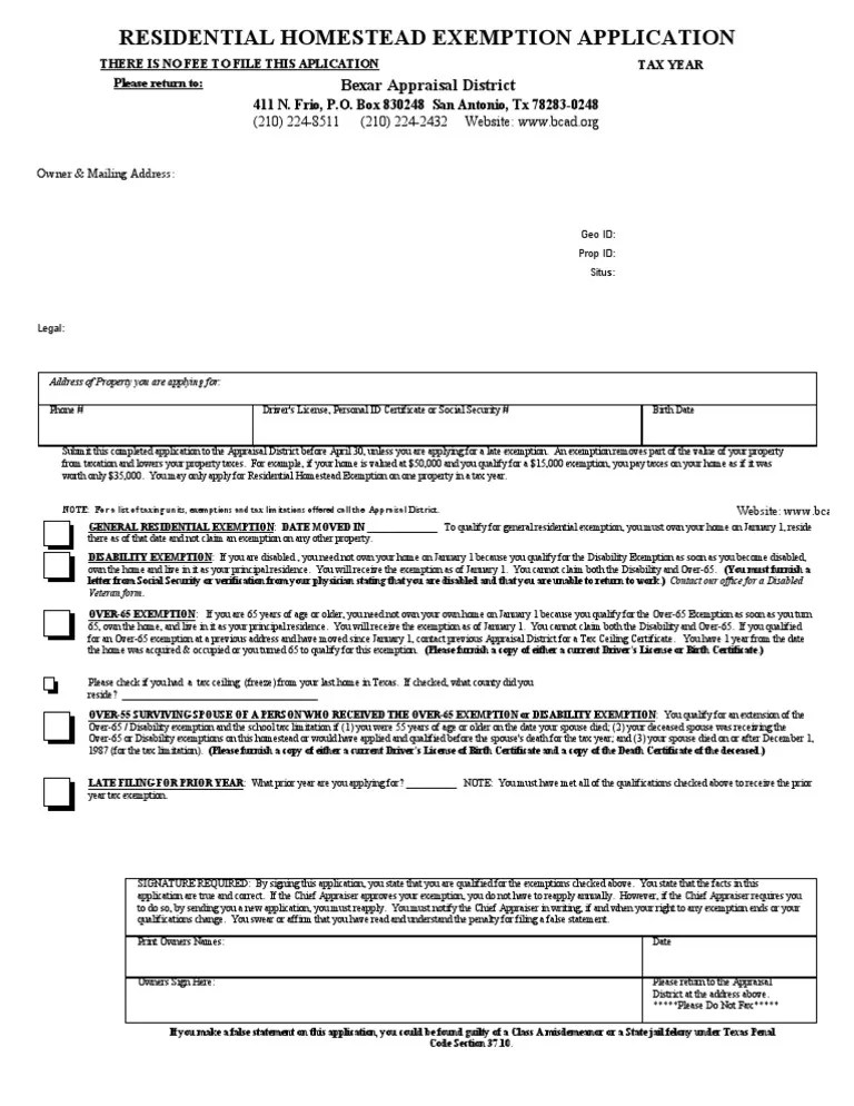 BCAD Homestead Exemption Form Tax Exemption Real Estate Appraisal