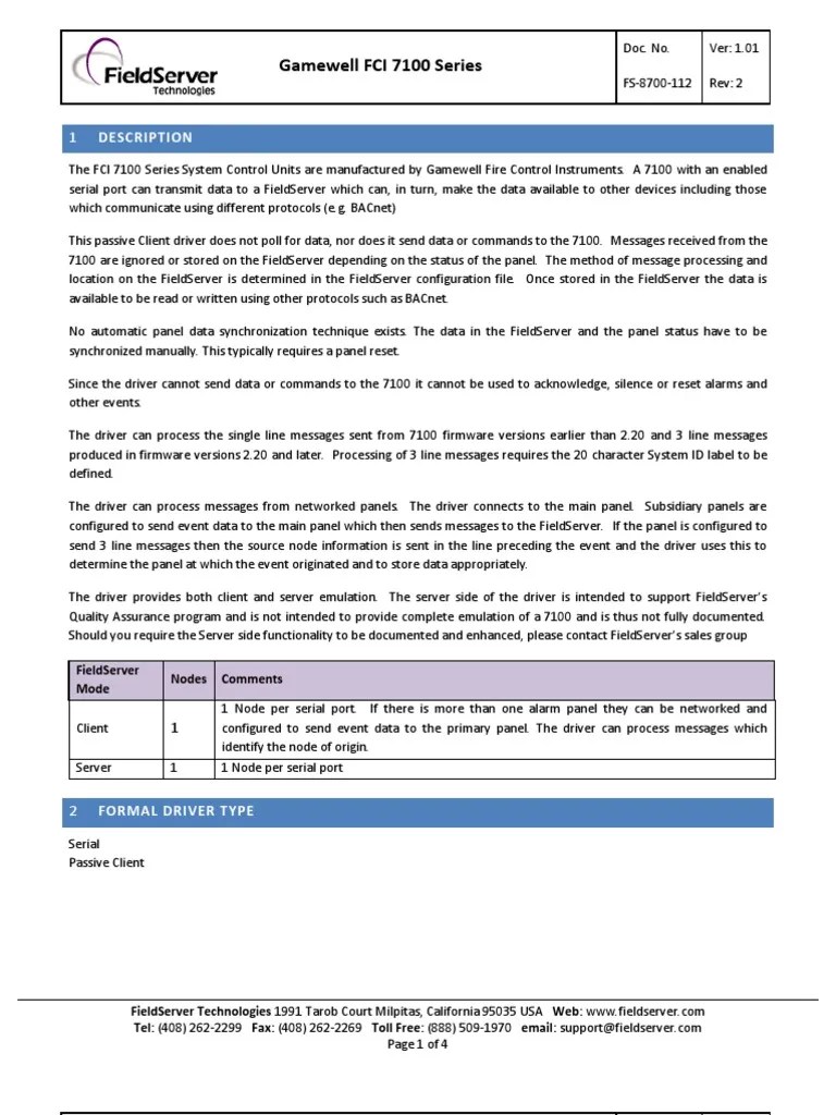 FST DFS Gamewell FCI 7100 Series Device Driver Port