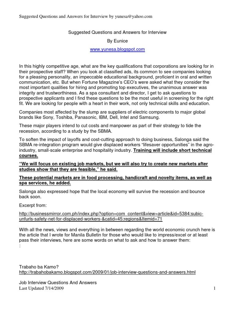 Suggested Interview Questions and Answers Massage Spa