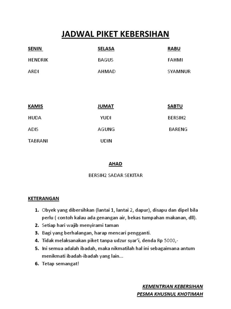 Jadwal Piket Kebersihan | PDF