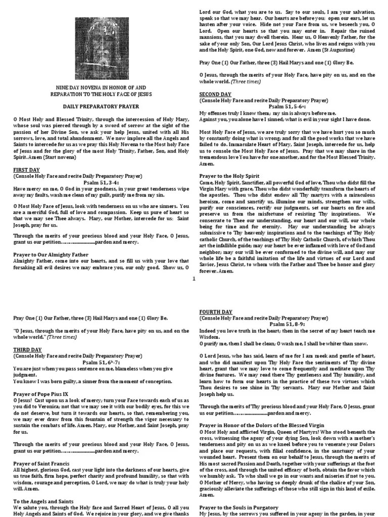 Nine Day Novena in Honor of and Reparation To The Holy Face of Jesus