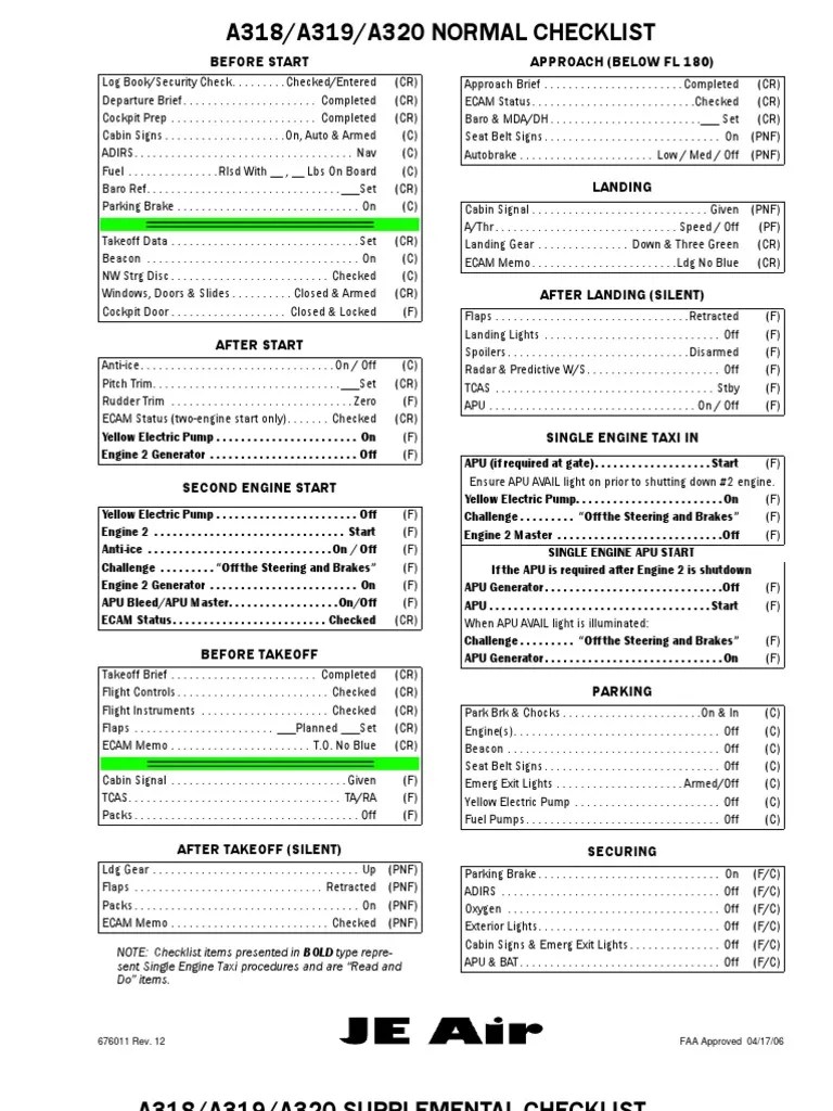 A320 Checklists Aviation Aircraft