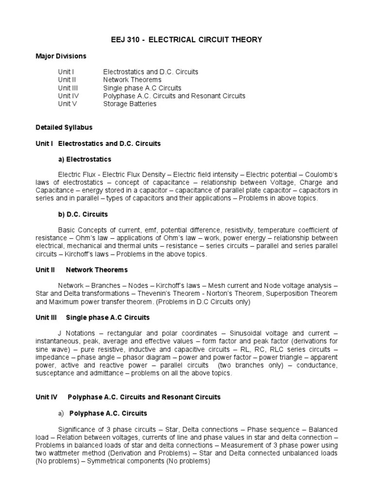 EEJ 310 Electrical Circuit Theory Syllabus PDF Electrical Network