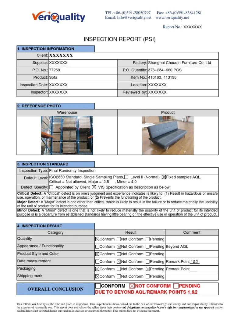 Sample Report for Furniture Inspection Specification (Technical
