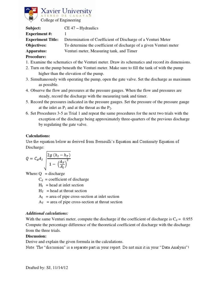 Determination Of Coefficient Of Discharge Of A Venturi Meter | Pdf | Pump | Discharge (Hydrology)