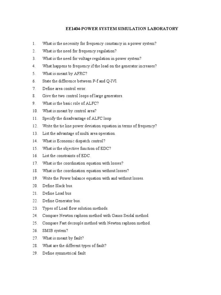 Power System Simulation Laboratory Viva Questions PDF