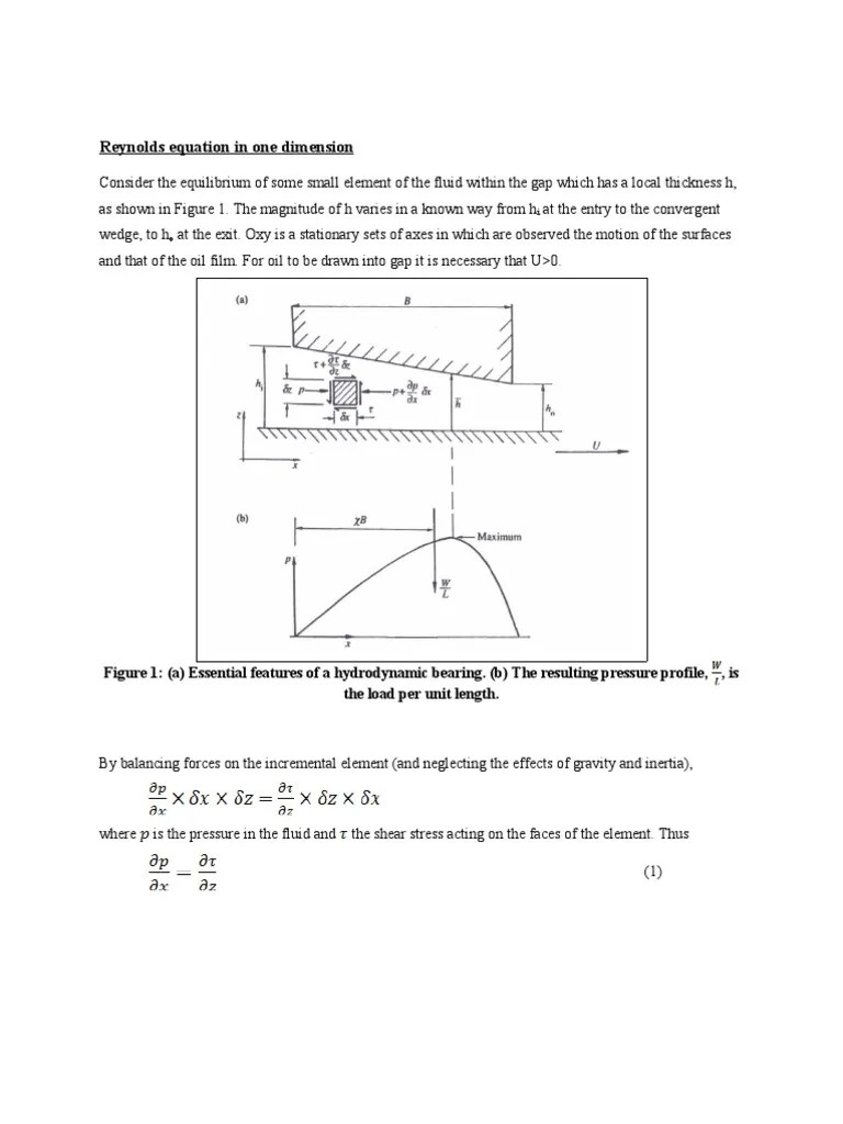 Reynolds Equation in One Dimension Fluid Mechanics