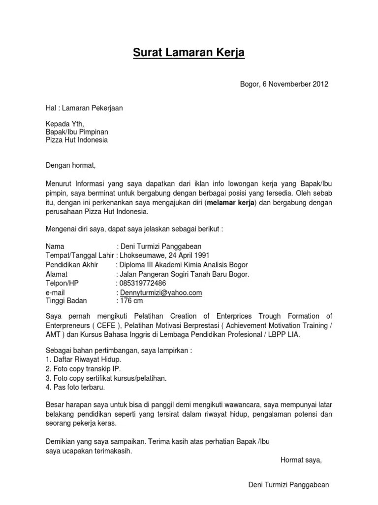 12+ Contoh Surat Lamaran Kerja Pizza Hut