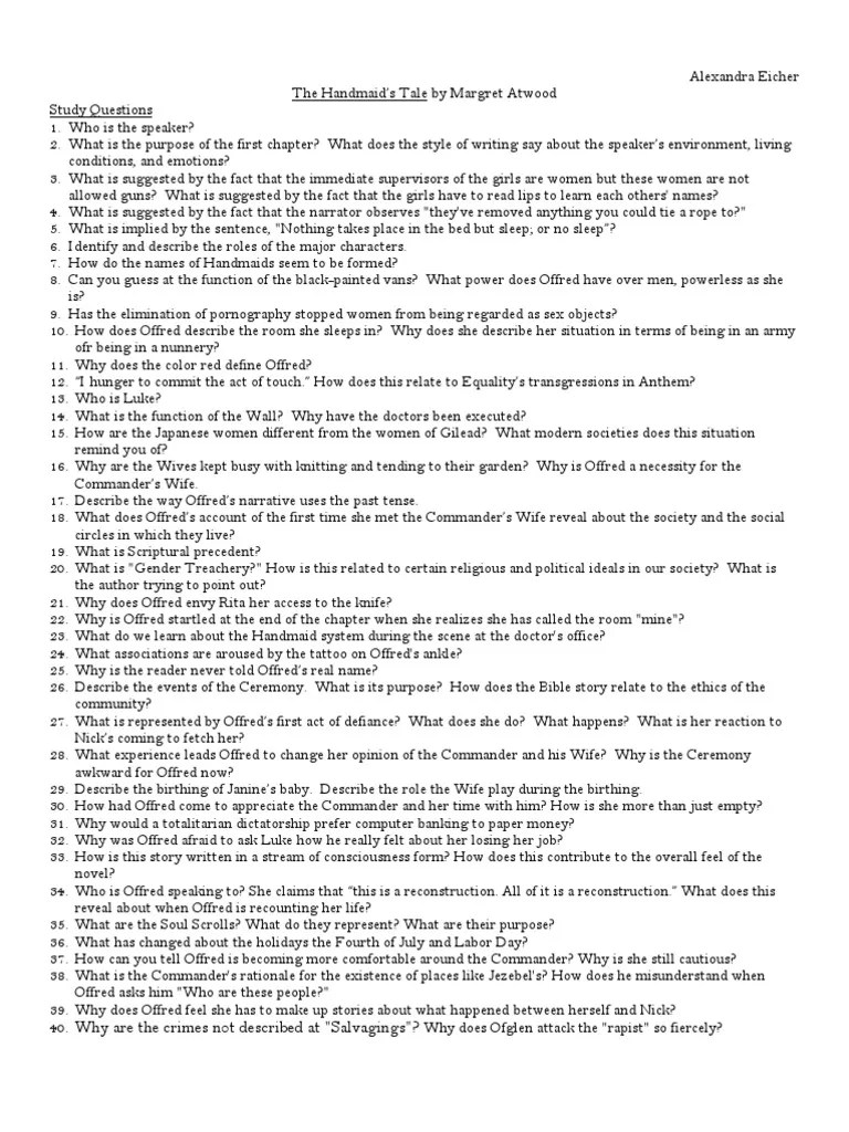 Handmaid's Tale Study Questions