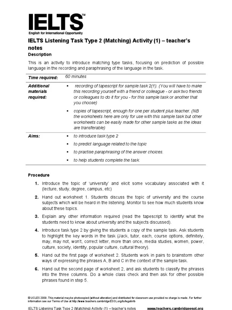 IELTS Listening Task 2 Matching PDF International English Language