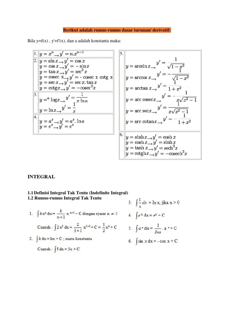 Berikut Adalah Rumus Integral, Diferensial Dan Trigonometri