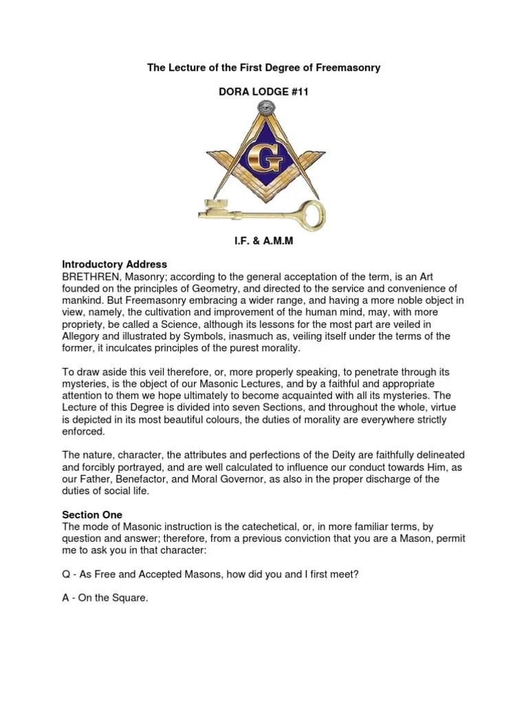 The Lecture of the First Degree of Freemasonry Freemasonry Masonic