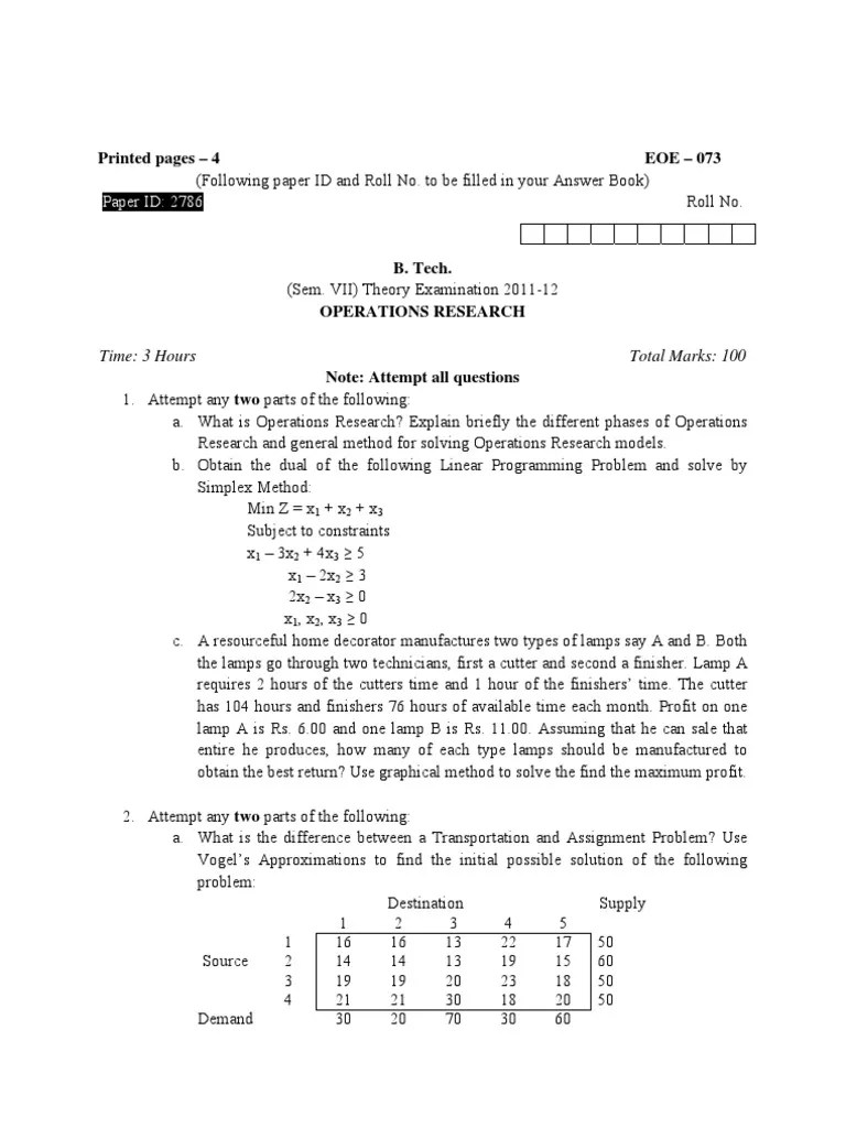 Operations Research Question Paper PDF Matrix (Mathematics