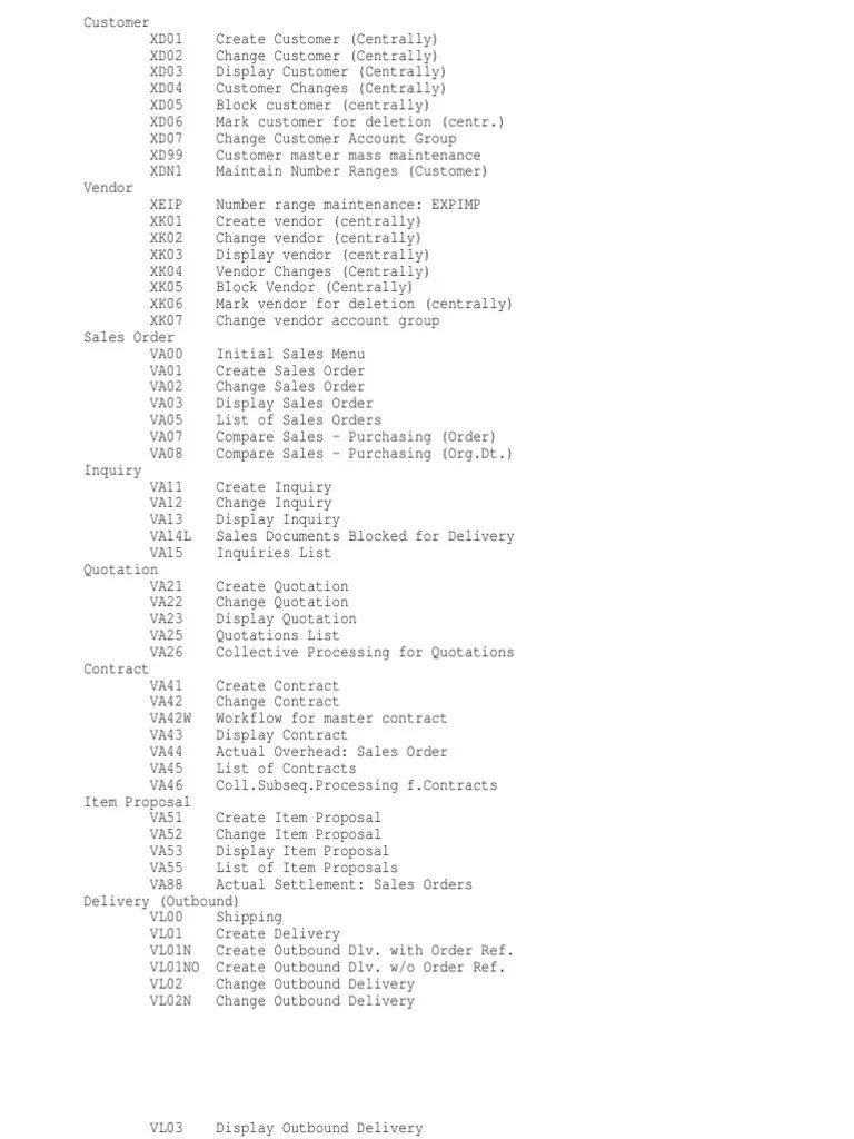 SAP Functional Transaction Codes PDF Delivery Business