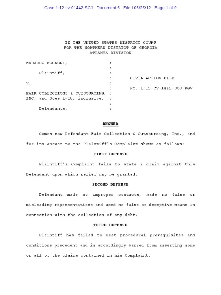 Answer of Fair Collections and Outsourcing Inc FDCPA Glenn S Bass