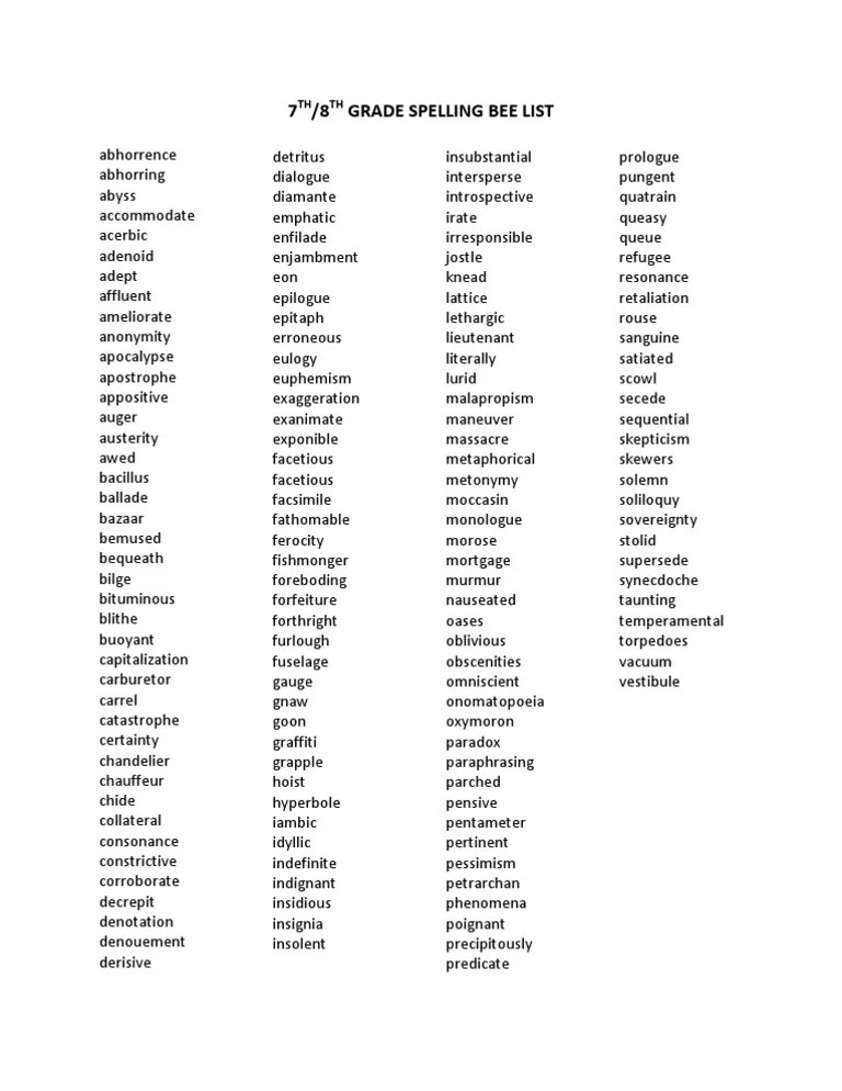 7th and 8th Grade Spelling Bee List PDF Literary Techniques Nature