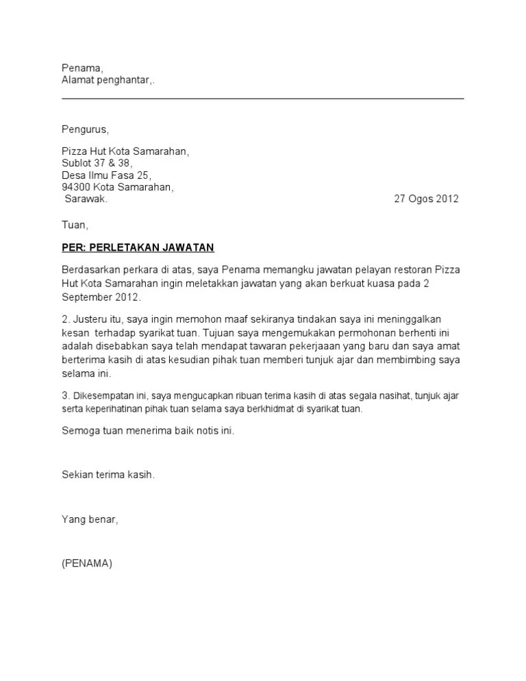 Contoh Surat Perletakan Jawatan Yang Terbaik - Kumpulan Contoh 