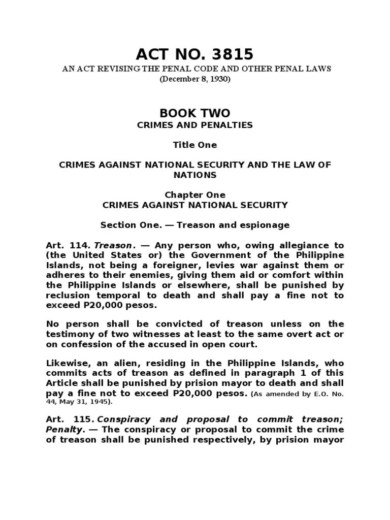 Revised Penal Code (Art. 114367) Perjury Treason