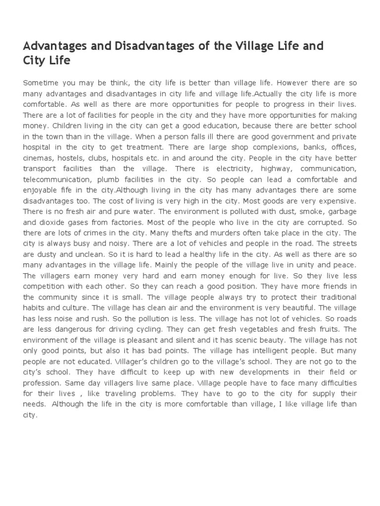 Advantages and Disadvantages of The Village Life and City Life PDF Road Transport Transport