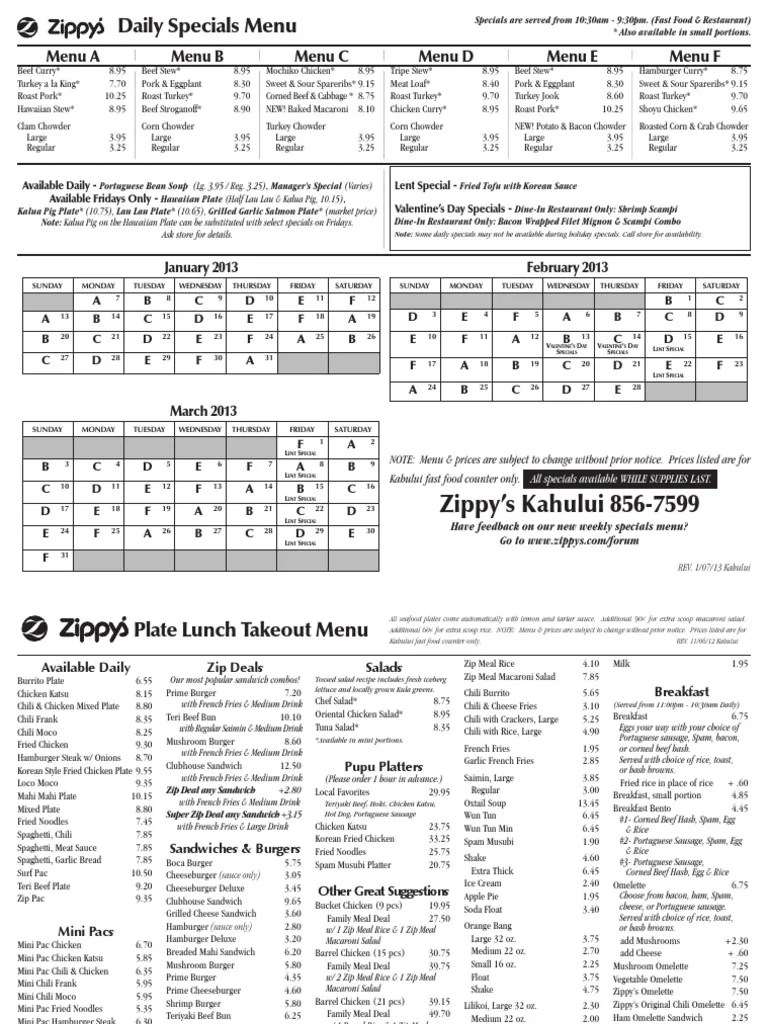 Zippy's Takeout Menu Maui Jan Mar 2013 Hamburgers Turkey Meat