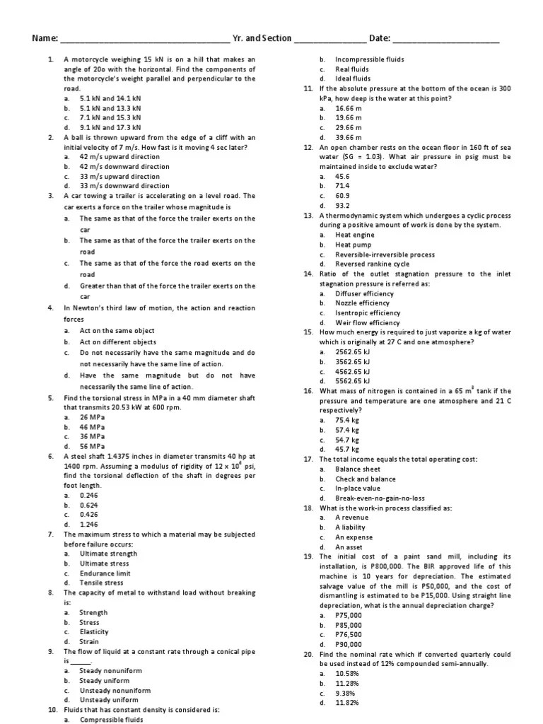 Solving Physics, Mechanics, and Engineering Problems A Practice Exam
