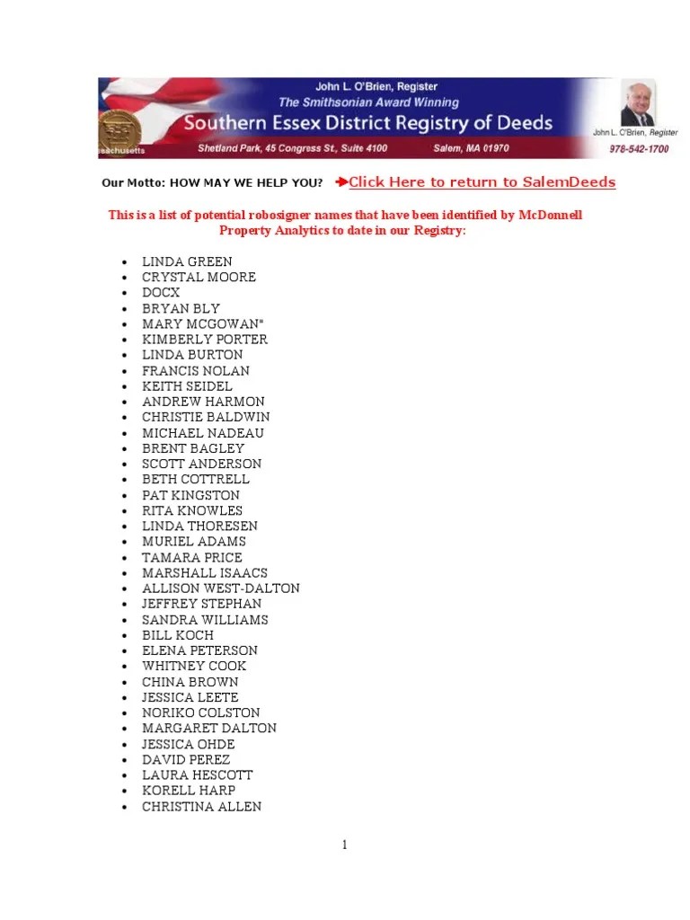 Robo Signer Posted List From Southern Essex County MA Registry of Deeds