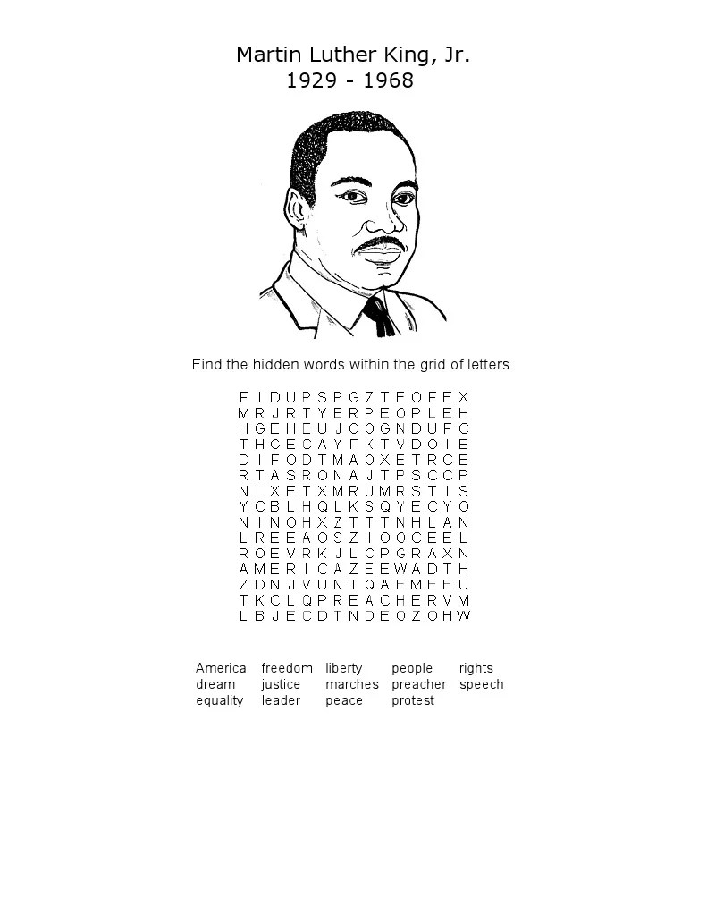 Martin Luther King Jr Word Search Answer Key